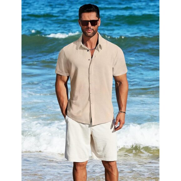 Men's Light Khaki Linen Short Sleeve Button Down Casual Shirt Business - Picture 3 of 6